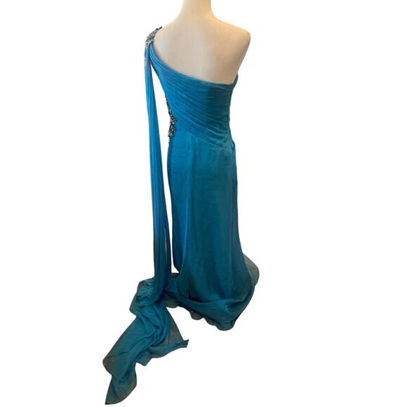 PRECIOUS FORMAL NWT BLUE JEWELED ONE SHOULDER GOWN WAIST JEWELED CUTOUT WOMENS 4 - Picture 2 of 16